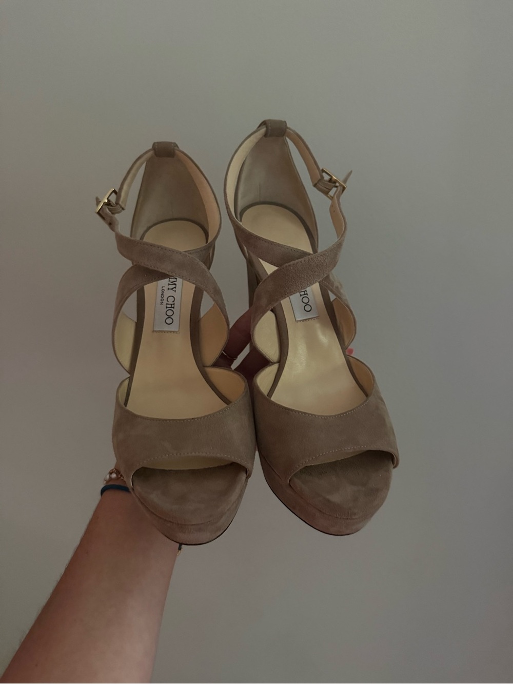 Jimmy Choo Taupe Suede Crisscross Platform Sandals - Picture 2 of 4